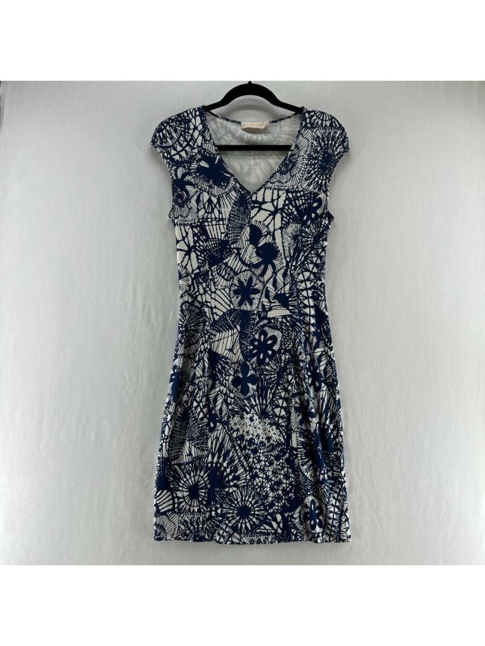 Tory Burch Dream Catcher V-Neck Sheath Dress Women XS Baltic Graphic Jersey Blue